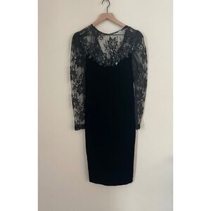 Vintage Scott‎ McClintock Black Velvet Lace Midi Dress Size 8 Holiday Party